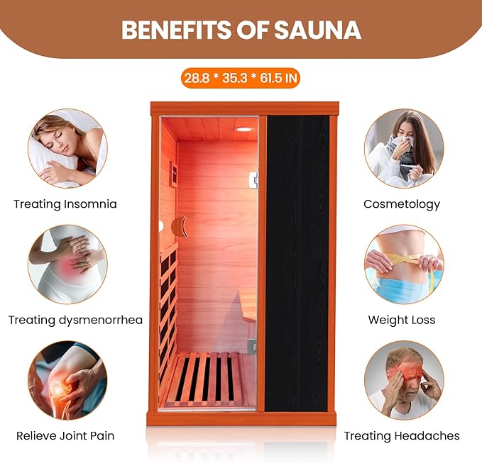 Sauna, Far Infrared Saunas for Home Room 800W/110V Indoor Sauna for Single Person Okoume Wood Sauna with 1 Person Low EMF Dry Sauna with Speakers/Air Hole and LED Color Light - 28.8 * 35.3 * 61.5 in