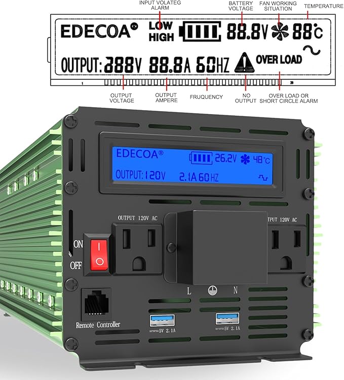 EDECOA 3000W 24 Volts Power Inverter DC 24V to AC 110V 120V 3000 Watts Power Converter for Car Truck RV with LCD Display and Remote Controller (3000W 24V)