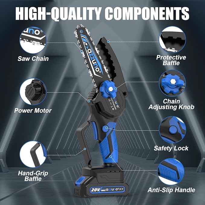 AZZUNO Mini Chainsaw, 6-Inch Electric Portable Chainsaw Cordless, Small Handheld Chain Saw with 2 Rechargeable Batteries & 2 Chains for Wood Cutting Tree Trimming DIY Projects Gardening Camping