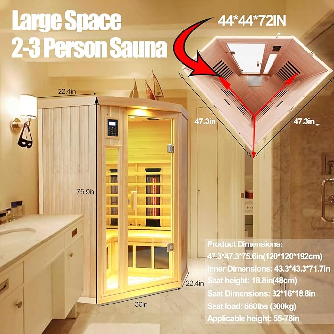 Ceramic Infrared Sauna 2 Person Far Infrared Sauna Low EMF Indoor Saunas for Home Hemlock Wooden Sauna Room with Bluetooth Speakers, LED Reading Lamps, Chromotherapy Lights