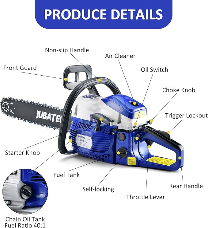 58cc Gas Chainsaw 2-Cycle Engine Gas Powered Chainsaws 20 Inch Petrol Handheld Cordless Gasoline Chain Saw for Cutting Wood Tree Trimming Farm Garden