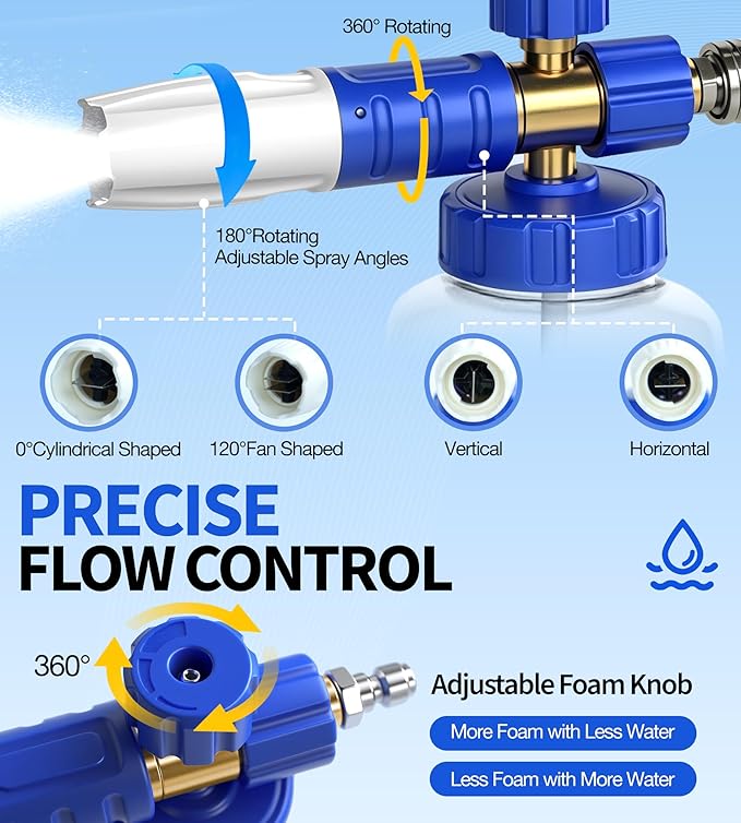 Dual Spray Foam Cannon Power Washer Gun, 4350 PSI High Pressure Short Gun Snow Foam Lance with 1/4 Inch Quick Connector, Car Wash Sprayer with 5 Pressure Washer Nozzle Tips for Car Cleaning