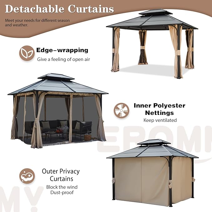 EROMMY 10'x12' Hardtop Gazebo, Double Metal Roof Canopy with Aluminum Frame, Netting and Shaded Curtains Included, Permanent Pavilion Gazebos for Patio, Backyard, Deck, Lawn, Poolside