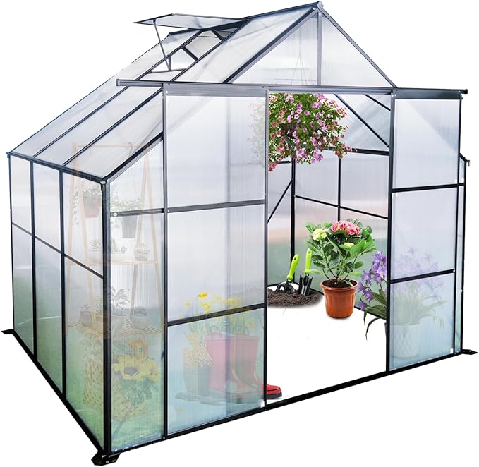 Favfurish 8X6 FT Greenhouses for Outdoors,Double Sliding Door Polycarbonate Greenhouse,Heavy Duty Walk-in Greenhouse, Drainage System & Galvanized Frame for Garden Backyard, Black