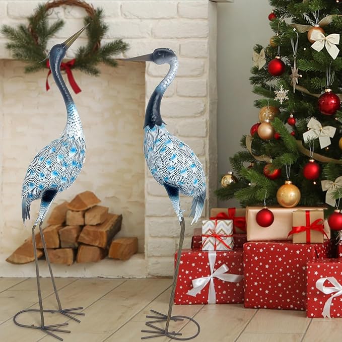 HONGLAND Garden Crane Statues Blue Heron Sculptures for Outdoor Metal Large Birds Lawn Ornaments for Yard Patio Porch Outside Decorations,Set of 2