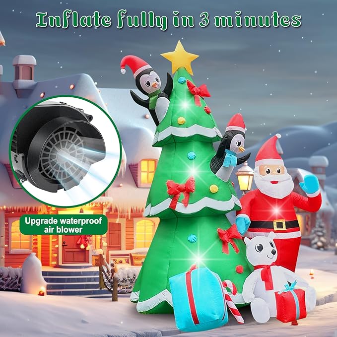10FT Christmas Inflatable Xmas Tree with Smiley Santa, A Penguin in Red Hat, Polar Bear & Gift Boxes Light-Up Blow Up Yard Decor for Holiday Lawn, Garden, or Festive Family Fun Display