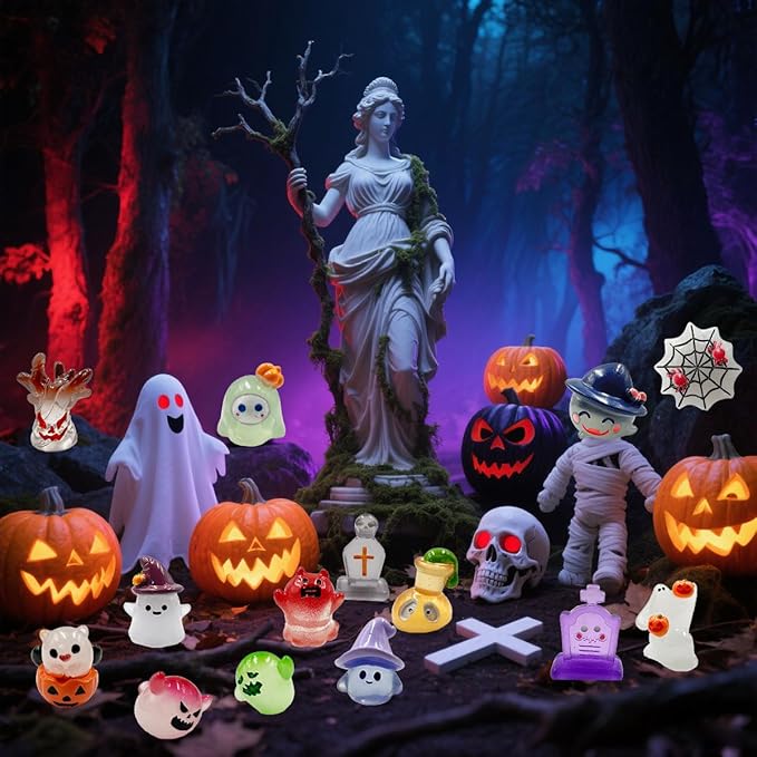 Suartus Halloween Mini Resin Figures 39 Styles Tiny Resin Figurines Kit to Hide Cute Pumpkin Ghost Skull Luminous Miniature Figures Bulk for Halloween Party Favors Outdoor Garden Landscape Decor