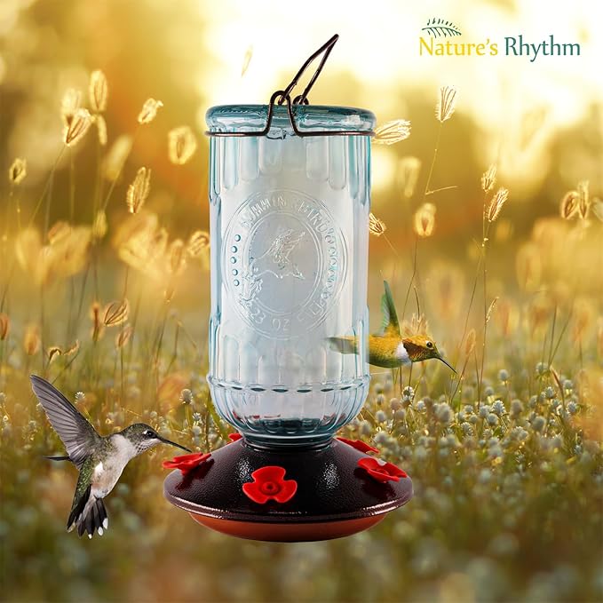 Nature's Rhythm Bird Feeder Vintage Blue Antique Glass Bottle Hummingbird Feeder 5 Feeding Ports and 23-Ounce Nectar CapacityPer Feeder(Blue)