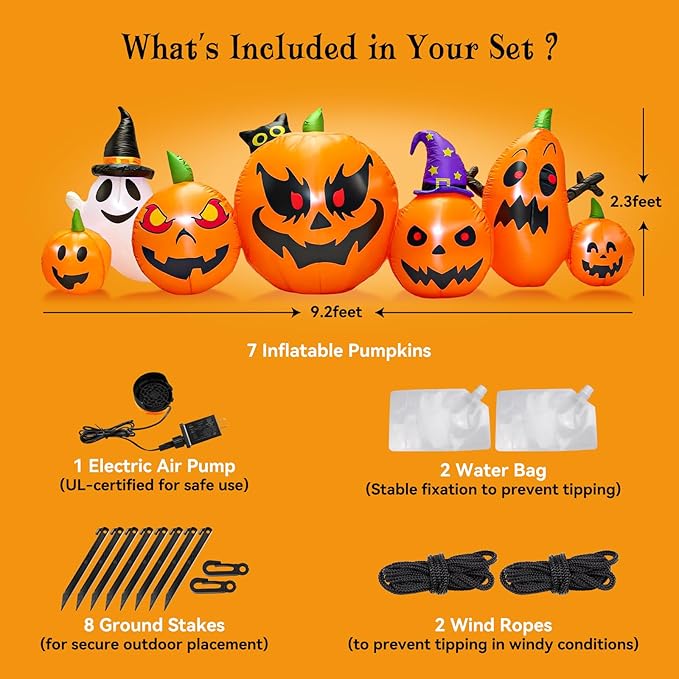 9 FT Halloween Inflatables Pumpkin Outdoor Decorations with Cute Chost Cat and Witch Hat Built-in LEDs Blow Up Pumpkin for Party Yard Lawn Garden Outside Decor
