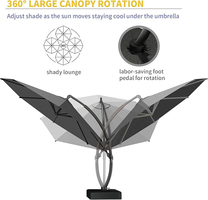 Kingdura 11ft Offset Cantilever Patio Umbrella with Base Included, Large Round Aluminum Outdoor Umbrella, 360° Rotation & Infinite Tilt, Heavy Duty Frame for Deck Pool Backyard, Grey