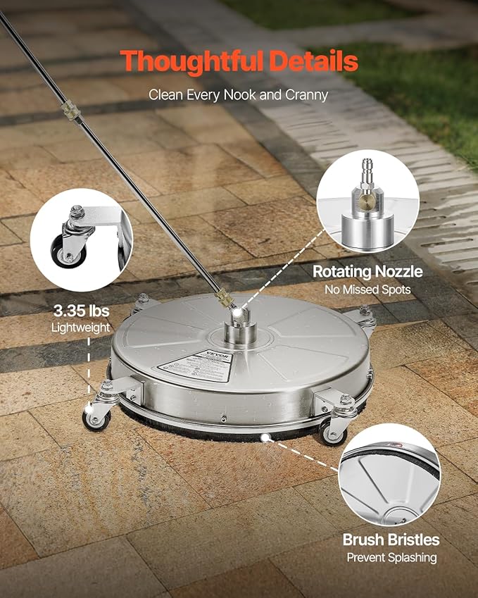 VEVOR 18" Pressure Washer Surface Cleaner, Stainless Steel Pressure Washer Attachments with 4 Wheels, 4000 Max PSI, 1/4 Quick Connector, 2 Spray Nozzles, 2 Extended Wands for Concrete, Patio, Deck