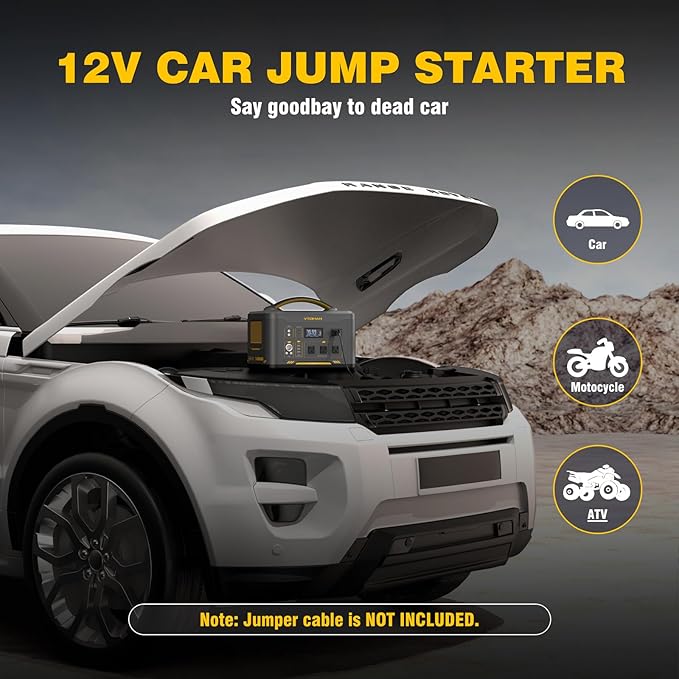 VTOMAN Jump 1500X Portable Power Station with Jumper Cables, 828Wh LiFePO4 Battery Solar Generator with Jump Start for Car, 1500W AC Outlets, 100W PD Type-C&Regulated DC for Home Backup RV Van Camping