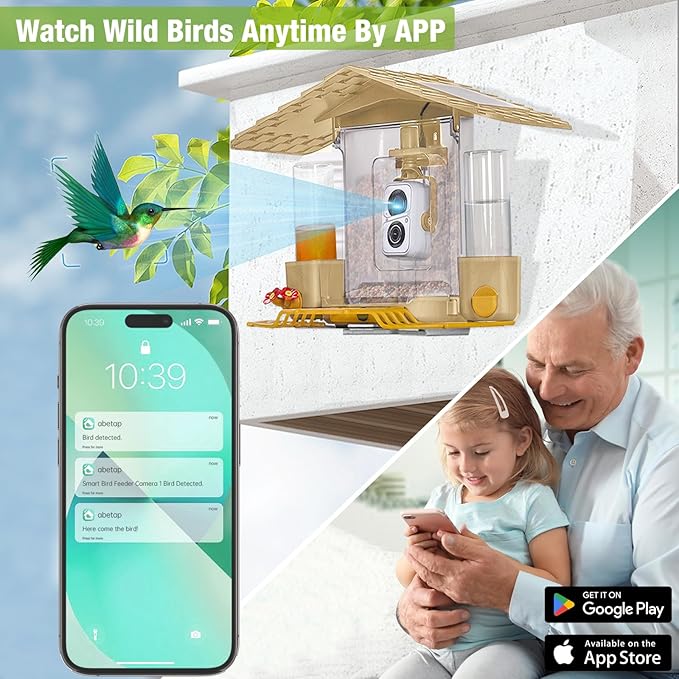 GUTINNEEN Smart Bird Feeder with Camera, High Resolution AI Camera for Wild Bird Identification, Hummingbird Feeder with Camera Solar Powered, Wireless Camera Gift for Bird Lover (Yellow), AIR106