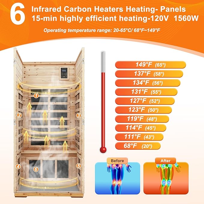 Luxury Outdoor Sauna, 1 Person Old Fir Wood Low EMF Far Infrared Sauna 1560W, Home Sauna with LCD Control Panel, Chromotherapy Light, Reading Light, Bluetooth Speaker