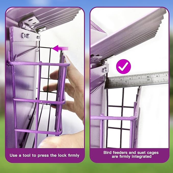 Bird Feeders for Outdoors, Metal Bird Feeder with Double Suet Cage Weatherproof Metal Roof, 2 in 1 Mixed Seeds Suet Feeder, 4Lbs Large Capacity, Great for Finch、Cardinal、Chickadee（Purple）