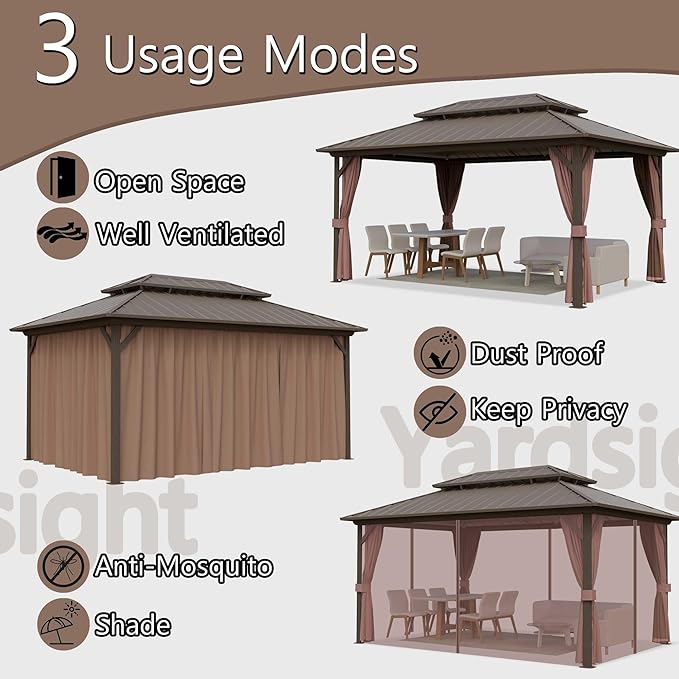 12'x12' Hardtop Gazebo, Outdoor Aluminum Frame Galvanized Steel Double Roof Pavilion with Netting and Shaded Curtains, Permanent Metal Pergolas for Patio, Backyard, Deck and Lawns.