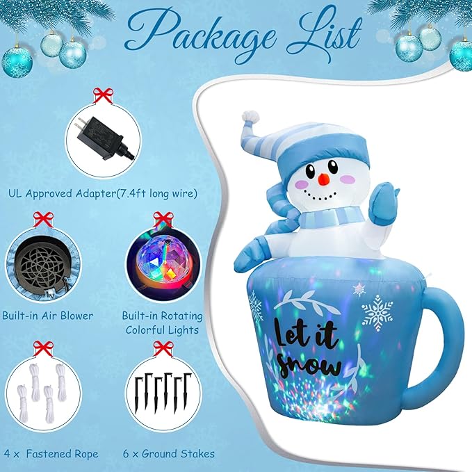 OurWarm 5FT Christmas Inflatable Snowman in Mug, Adorable Blue Snowman Blow Up Awaiting the Snow, Christmas Inflatables Outdoor Decorations with Built-in LEDs & Blower for Yard Lawn Winter Inflatables