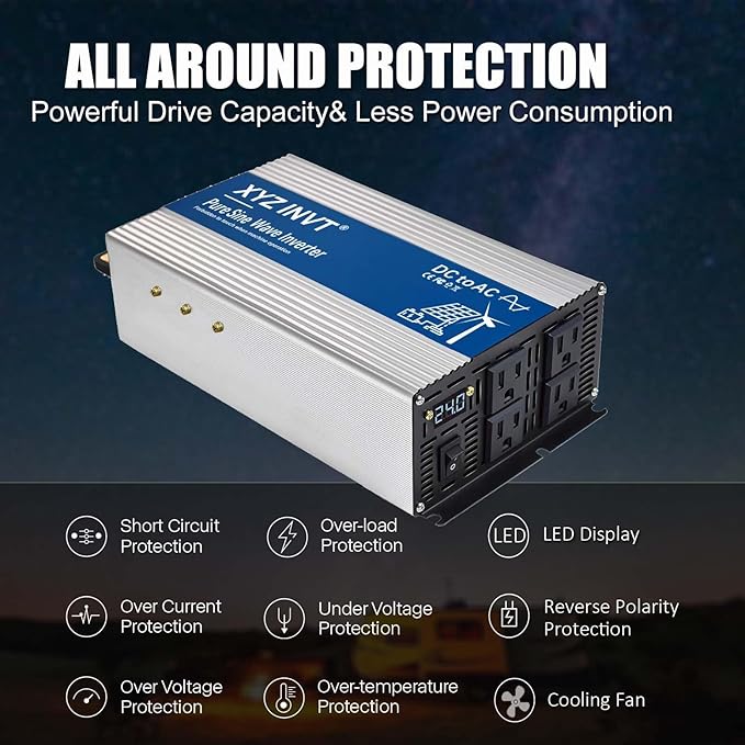 2000W Pure Sine Wave Inverter DC 24V to AC 120V, 4000W Peak Power with LED Display, Power Converter for Car, Truck, Solar, Home & Rechargeable Devices