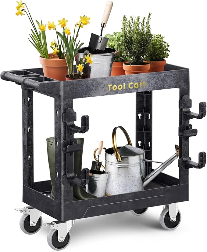 Heavy Duty Garden Tool Carts,600LBS Capacity 2 Tier Yard Tool Storage Rack with Side Hooks Garage Tool Cart with 360°Swivel Wheels Outdoor Garden Tool for Shed, Yard, Garage,Black