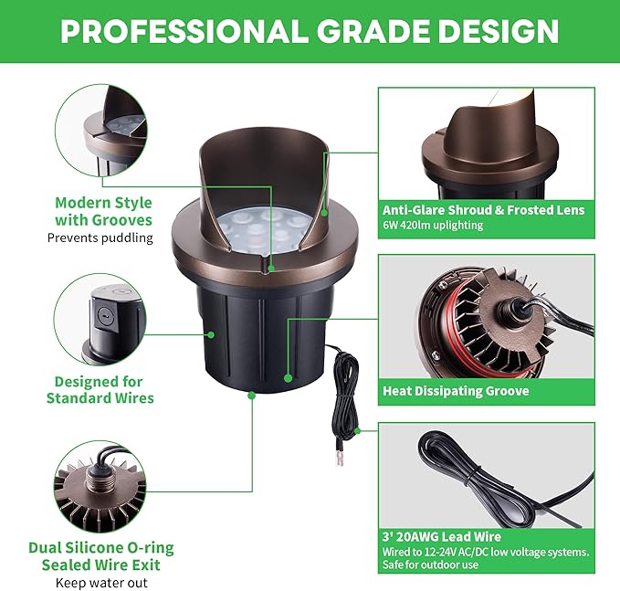 Well Lights Low Voltage, 12V In Ground LED Landscape Lights, IP67 Waterproof Outdoor, Hood Top Aluminum ORB for Garden Tree 6W 420LM 12 Pack