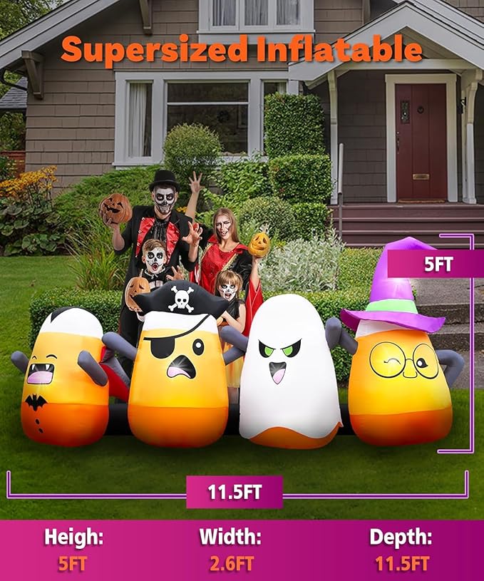 11.5FT Length Halloween Inflatables Four Corn Candy Decoration, Halloween Blow Up Corn Candy Dressed Vampire Pirate Ghost Wizard Built-in 5 LEDs for Yard Lawn Garden Halloween Party Parade