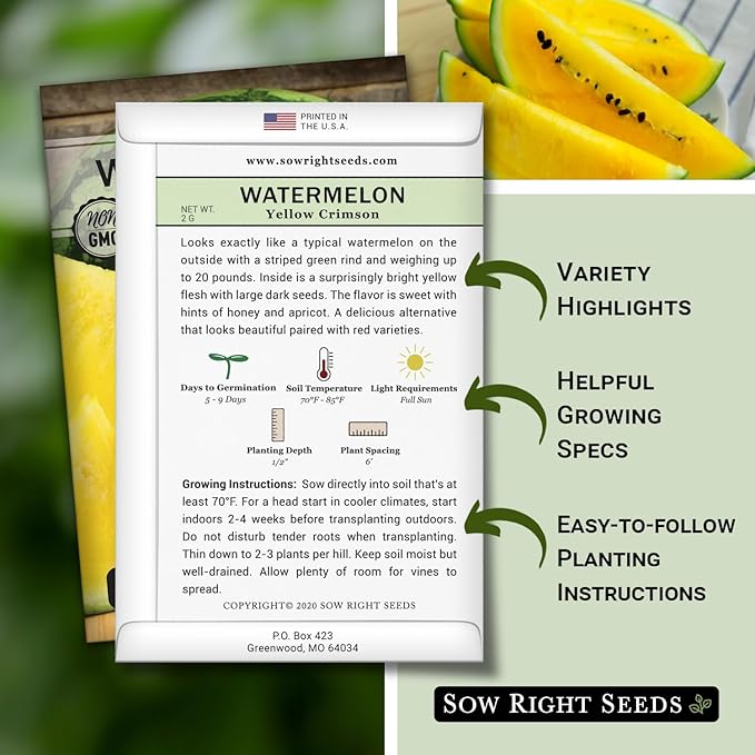Sow Right Seeds - Yellow Crimson Sweet Watermelon Seed for Planting - Non-GMO Heirloom Packet with Instructions to Plant a Home Vegetable Garden - Rare Yellow Flesh Melon with Sweet Flavor (2)