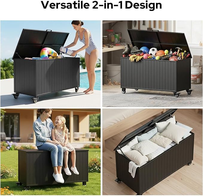 150 Gallon Outdoor Storage Box with Wheels, Metal Deck Box Waterproof, UV Resistant Patio Storage Box with Lid for Patio Furniture, Garden Tools, Outdoor Cushion (Charcoal)