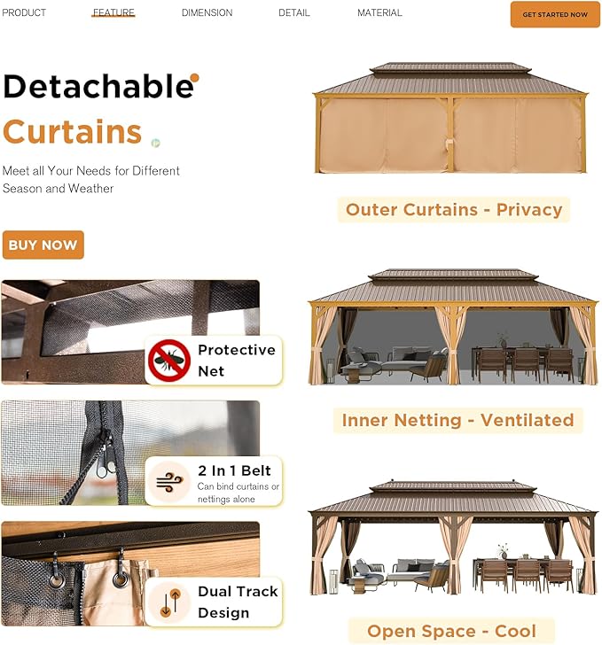 YOLENY 12' x 24' Gazebo, Wood Grain Aluminum Frame Pergola with Double Galvanized Steel Roof, Outdoor Permanent Metal Pavilion with Curtains and Nettings for Patio, Backyard and Deck