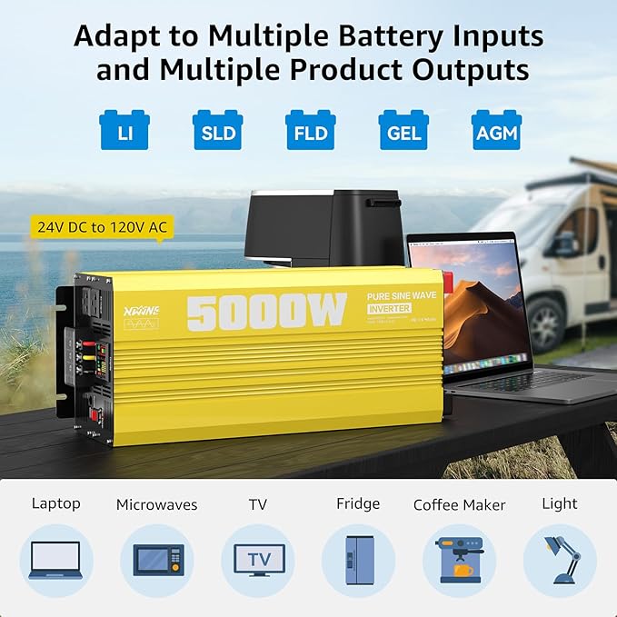 XWJNE 5000W Pure Sine Wave Power Inverter 24V DC to 120V AC Converter with LED Display and Remote Controller for Home, RV, Truck, Off-Grid Solar Power