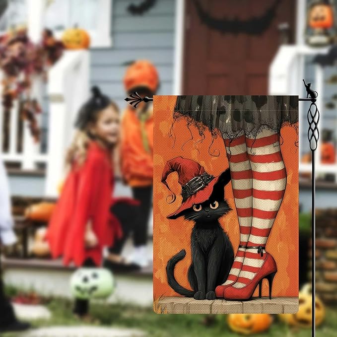 Witch's Black Cat Garden Flag Halloween Holiday Garden Flag Vertical Double Sided Rustic Farmland Burlap Yard Lawn Outdoor Decor 12.5x18"