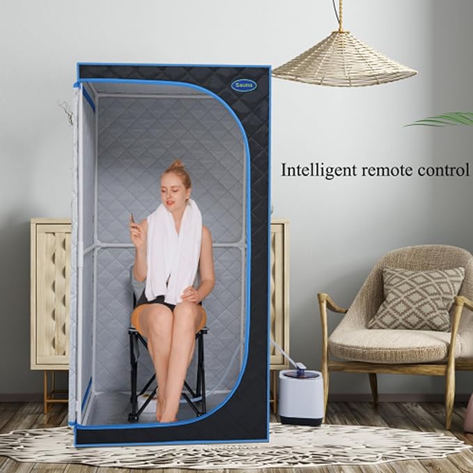 Portable Black Mini Plus Style Steam Sauna Tent–Personal Home Spa, with Steam Generator, Remote Control, Foldable Chair, PVC Pipes. Easy to Install,Fast Heating, with FCC & UL Certification.