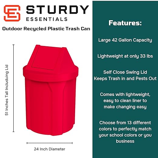 42 Gallon Round 100% Recycled Plastic Indoor or Outdoor Commercial Trash Can with Easy Access Swing Top Lid | Great for Schools and Businesses - Red