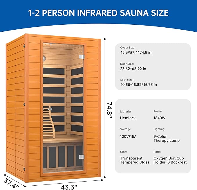 Infrared Sauna Room for Home, Near Zero EMF Indoor Home Sauna for up to 2 Person with Infrared Red Light Therapy, Bluetooth Speakers, Canadian Hemlock Wood