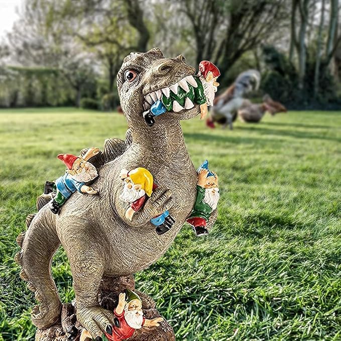 M.A.K Dinosaur Eating Gnomes Garden Decor, Art for Garden Decor, Outdoor Statue for Patio, Lawn, Yard Art Decoration, Housewarming Garden Gift