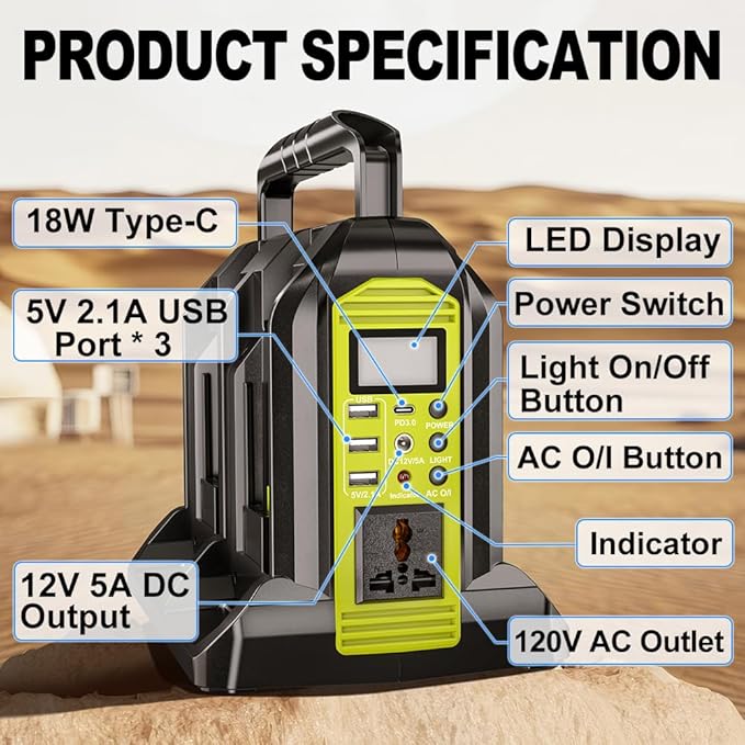 350W Power Inverter Compatible with Ryobi 40V Battery 4-Ports DC 40V to AC 110~120V Pure Sine Wave Battery Inverter with LED Light, USB-A Port,Type-C Port,DC Port for Camping Emergency Travel