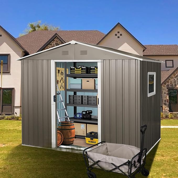 8x6 ft Outdoor Metal Storage Shed with Floor Foundation and Window, Lockable Galvanized Steel Tool Shed with Sliding Door and Air Vent, Waterproof Garden Storage House for Backyard, Patio