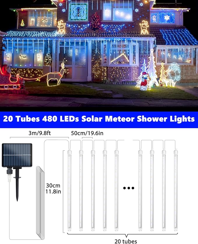 Flacchi Solar Meteor Shower Icicle Lights - 20 Tubes 480 LED Cascading Raindrop Lights, Outdoor Waterproof Christmas Decorations for Holiday Party (Blue, Solar 20 Tubes)