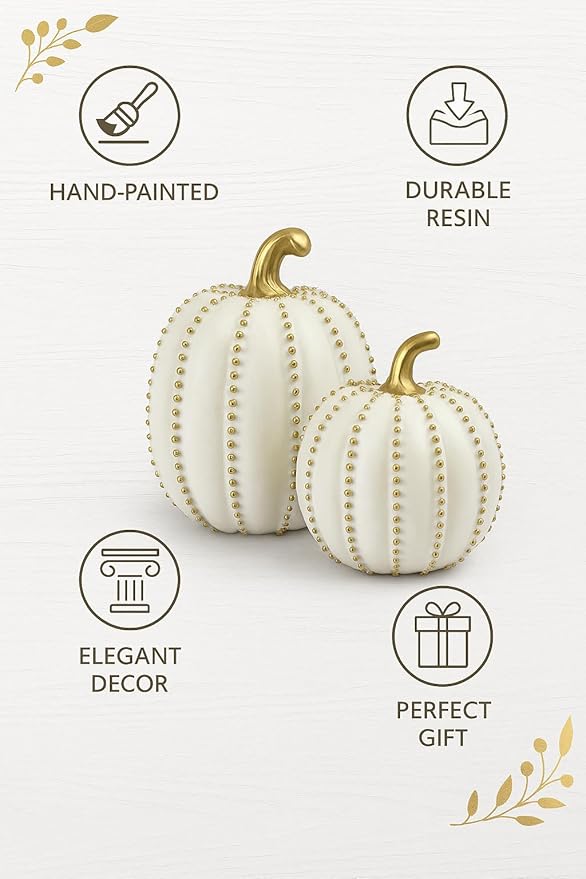 iStatue Set of 2 Decorative Pumpkins – Elegant Beaded Resin Fall Decorations, Thanksgiving Table Centerpiece, Autumn Home Decor, Glam Farmhouse Style (White)