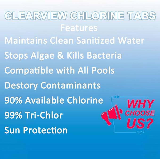 ClearView Stabilized Chlorine Tablets 1 Inch 10 Lbs for Swimming Pools, Long-Lasting 1" Chlorinating Tablets for Spa Hot Tub Chemicals Pool Chlorinating Sanitizer, 10 Pounds