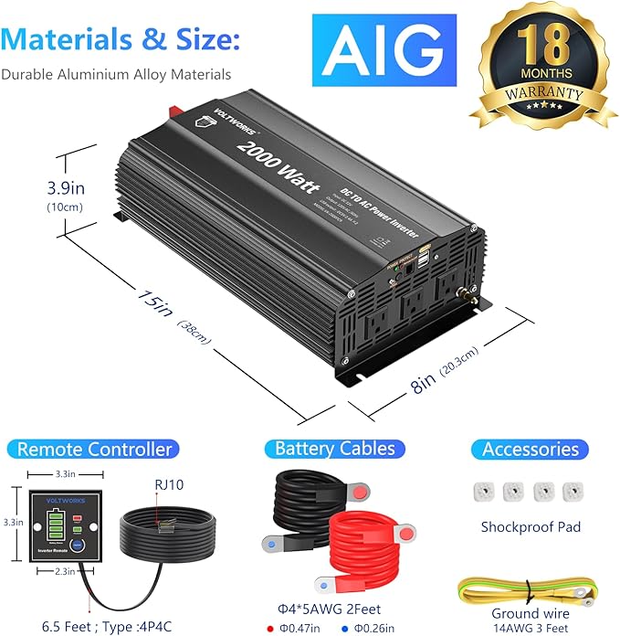 Power Inverter 2000Watt 12V DC to 110V 120V AC Built-in UL Approved Fuses with Remote Control & 2.4A USB Port 3AC Outlets Compatible with Lithium Battery for Off-Grid Solar Home RV Truck by VOLTWORKS