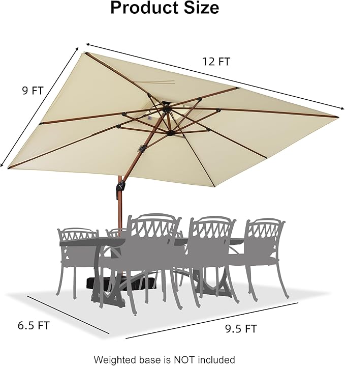 PURPLE LEAF 9' X 12' Double Top Deluxe Wood Pattern Rectangle Patio Umbrella Offset Hanging Umbrella Outdoor Market Umbrella Garden Umbrella, Cream
