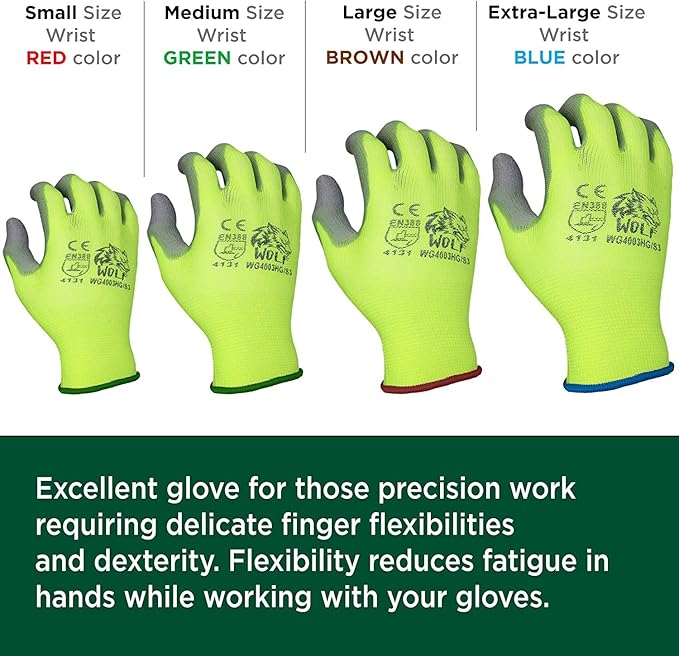 WOLF Polyurethane Palm Coated Nylon Shell Work Gloves, Construction, Mechanic, Warehouse, Yard Work, Gardening