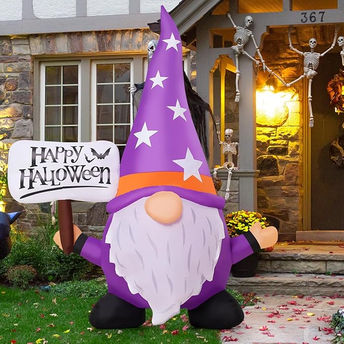 GOOSH 6 FT Halloween Gnome Inflatables Outdoor Decorations, Halloween Gnome Blow Up Yard Decorations Built-in LED Lights for Holiday Outdoor Lawn Garden Party