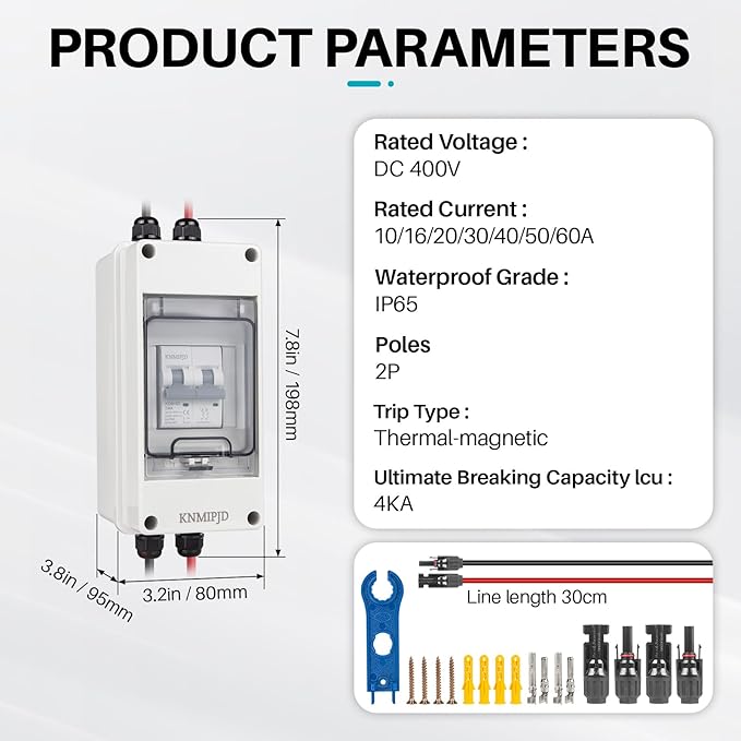 Solar Panel Disconnect Switch 10A 2P 400V Dc/AC Breaker Disconnect Box Outdoor Breaker Box Suitable for photovoltaic and Wind Energy Home Battery Systems (60 Amps)