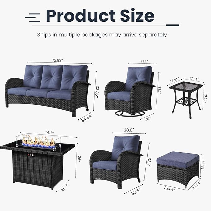 10 Pieces Patio Furniture Sets with Fire Pit Table, Wicker Rattan High Back Outdoor Swivel Rocking Chairs Set with 3-Seat Couch, Ottomans and Side Table