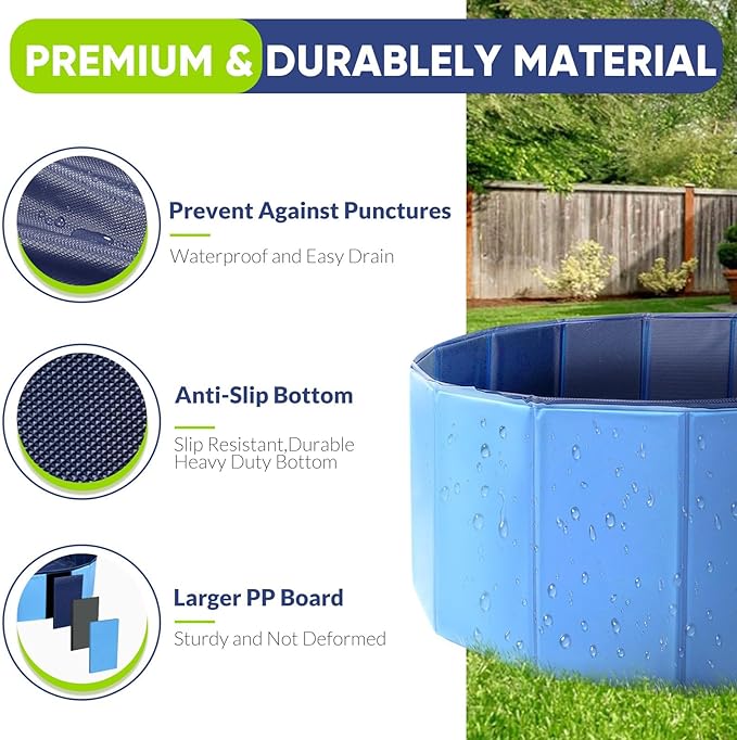 Dog Pool, Foldable Pet Swimming Pool with 6mm High-Strength PP Board, Hard Plastic Collapsible Doggy Pools for Small Dogs Kitty Duck, Non-Slip Doggie Bathtub Quick to Set Up and Drainage Hole, 63"