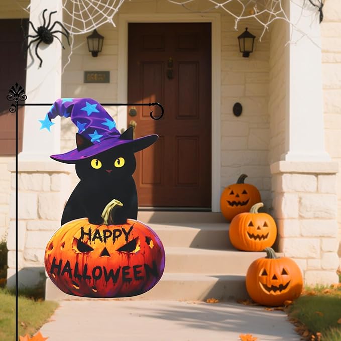 Halloween Black Cat Garden Flags 12x18 Inch Double Sided, Happy Halloween Pumpkin Welcome Small Yard Flags for Outside, Farmhouse Front Porch Outdoor Fall Decor Holiday All Seasons Decoration
