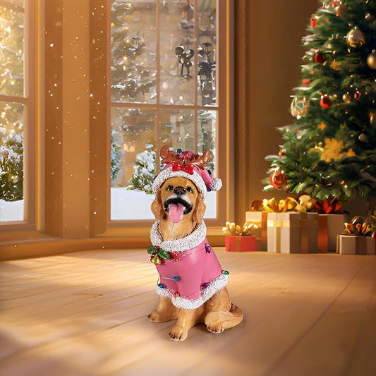 Christmas Outdoor Decoration Dog Statue, LED Light Cute Golden Retriever Dog Sculpture with Pink Santa Outfit & Lights for Garden and Yard, Indoor Holiday Décor Gift for mom and dad