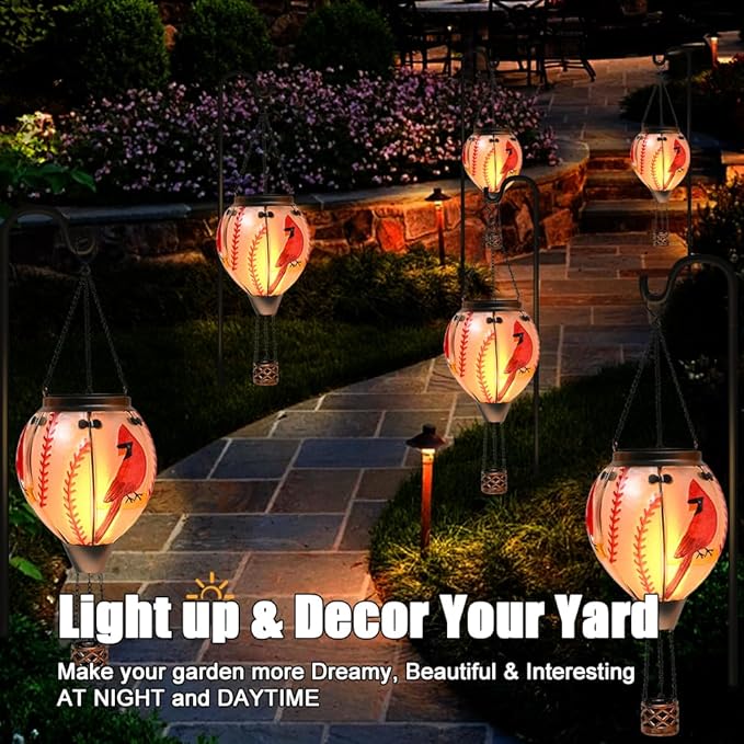 Hot Air Balloon Solar Lantern - Cardinal Bird Glass Lantern, Simulated Flickering & Dancing Flame, Outdoor Hanging Yard Light Waterproof IP65 for Patio Lawn Porch Decor Gift