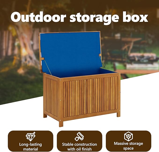 vidaXL Wooden Deck Box - Outdoor Teak Storage Chest, Ideal for Patio Furniture Cushions, Pool Accessories, Garden Tools - Water-Resistant Bag Inside - 35.4''x19.7''x22.8'', Solid Acacia Wood
